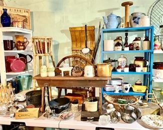 Vintage stands, narrow bench (SOLD), stoneware jugs, iron kettle, enamel kitchen jars, etc. (some items are SOLD)