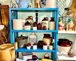 Misc. stoneware jugs, enamel ware, stoneware, wooden spool, Arts & Crafts painted shelf/stand, etc. (some items SOLD)