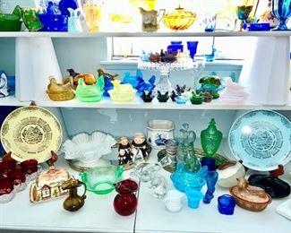 Vintage Hen on Nests (and other animals), 1960's calendar plates, Fenton, American Fostoria footed cake plate, depression & vaseline glass, etc. (some items are SOLD)