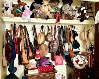 Vintage & modern teddy bears (some mohair), purses, wallets, (a few Coach), hats, 2 end tables, etc. (some are SOLD)