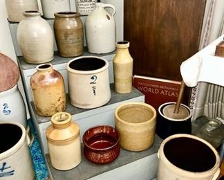 Collection of stone jars, jugs, crocks, some with advertising  (some items SOLD)