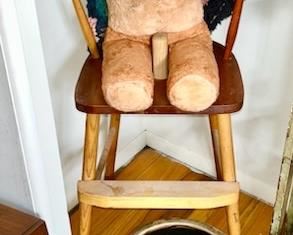 Vintage Teddy Bear and vintage child's chair (crock SOLD)