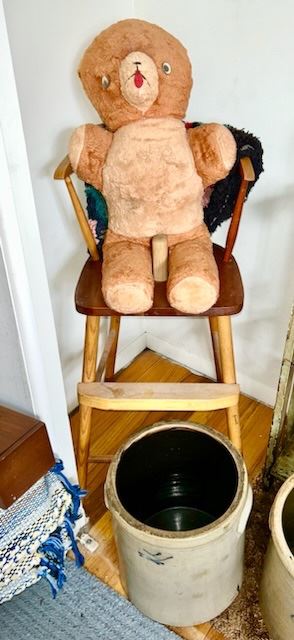 Vintage Teddy Bear and vintage child's chair (crock SOLD)