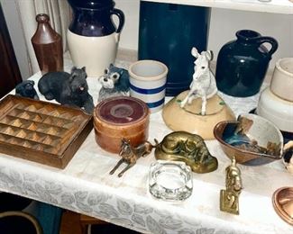 Vintage stoneware, animal figures, ashtrays, brass figures, leather covered container, copper candle holders, wooden printer drawer (some items SOLD)