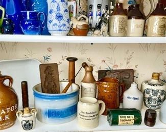 Vintage stoneware, porcelains, wooden molds, vintage bait/worm holder, etc. (some items SOLD)