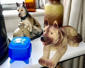 blue satin covered trinket box, misc. stoneware, vintage large dog nodder, porcelain German Shepherd