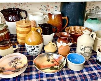 Misc. stoneware, 2 tobacco jars, Noritake bowls, Bennington mold, etc. (some items SOLD)