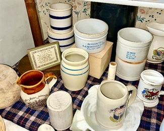 Misc. stoneware, butter crocks, beater jars, some with advertising, mustache cups, steins, etc. (some items SOLD)