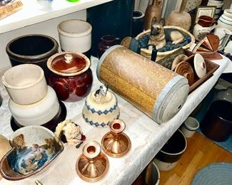 Stoneware items, cement/wooden cylinder (some items SOLD)