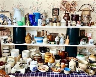 Full table view of stoneware, ironstone, porcelain, ceramic collectibles, standing wooden ashtray w/ amber glass ashtray insert (some items SOLD)