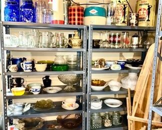 Misc. kitchen collectibles, dishes, coolers, potato chip and other tins (some items SOLD)