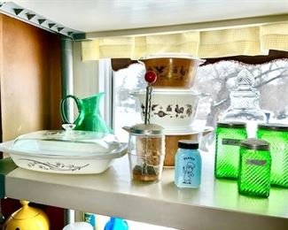 Pyrex casseroles, vintage food chopper, blue & green glass spice/tea jars