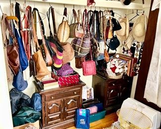 Another view of purses, 2 Ethan Allen nightstands, etc. (some items SOLD)