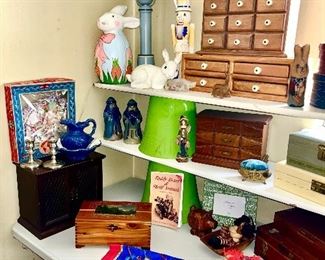 vintage lamp (1 of 2 matching), jewelry boxes, decorative bunnys, BBP santas, etc. (some items SOLD)