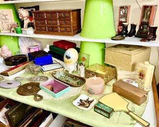 Misc. dresser items, mirrors, pink satin covered dish w/ nudes, jewelry boxes, hand painted ostrich egg, jewelry boxes, etc. (some items SOLD)