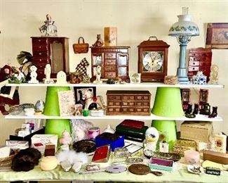 Full table view of jewelry boxes, vintage metal lamp (2 of 2), dresser items, wallets, etc. (some items SOLD)
