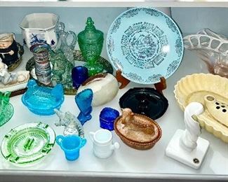 Vintage glass, 1961 calendar plate, Goebel Friar Tuck pieces (SOLD), art pottery console bowl w/ flower frog, etc. (some items SOLD)