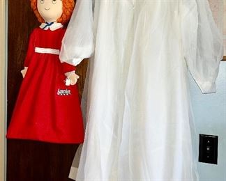 Vintage Annie diaper/blanket carrier, vintage 2 piece baby doll nightgown