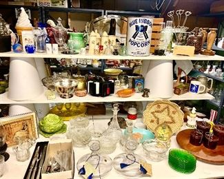 Misc. vintage glass, tins, poker chips in holder, etc. (some items SOLD)