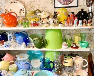 Vintage glassware, Pyrex casseroles, Hall & other teapots, etc. (Some are SOLD)