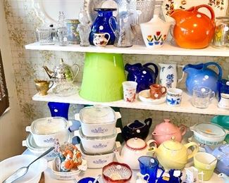 Vintage glassware, corning ware casseroles, pottery pitchers, Fire King tulip grease jar, cobalt blue items (some are SOLD)