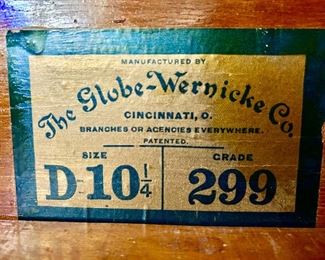 The Globe-Wernicke Co., Cincinnati, Ohio label inside antique Lawyer's stackable bookcase