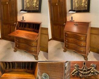 Antique Drop Front Secretary w/Dovetail Drawers & Ornate Brass Hardware 