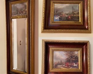 Pair Framed Equestrian Pictures with matching Equestrian Topped Mirror 