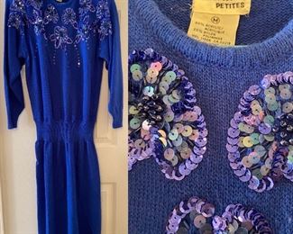Vintage Darian Petites (M) Royal Blue Sweater Dress with Sequins 