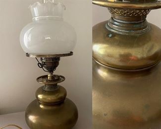 VTG Electrified Gone with the Wind Parlor Brass Lamp White Glass Shade Hurricane