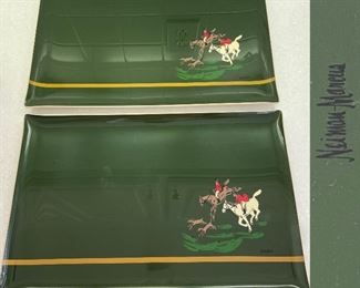 2 Vintage Neiman Marcus Equestrian Green  Laquer Serving Trays