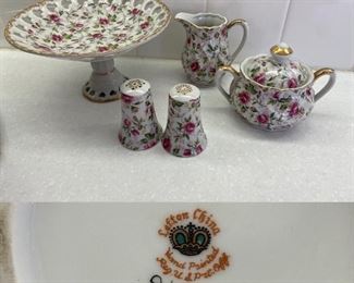 Lefton China Rose Chintz narrow base salt
and pepper, Creamer and Sugar Bowl & Compote Pedestal Serving Dish