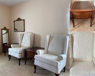 Pair Queen Anne White Upholstered Wing Back Chairs
Pair Vintage Wood/Leather Top Night Stands