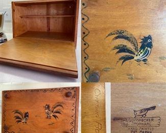 Woodpecker Woodware Bread Box Hand Painted Japan ( Roosters )