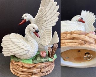 ARNART Porcelain Swans On Grass Music Box Plays Swan Lake Art Sculptures