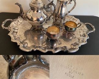 EPCA Bristol Silver by Poole #70 Large Handled Rectangle Platter

Silverplate Teapot, Coffee Pot, Cream & Sugar 
