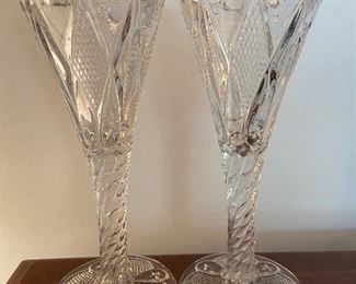 PAIR Vintage 9” OHIO FLINT GLASS CO. EAPG TRUMPET VASES  STARS DIAMONDS DUNKIRK