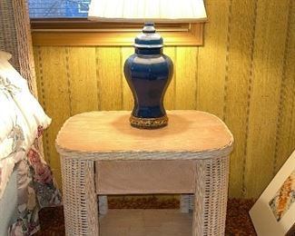 Whitewashed wicker and wood nightstand