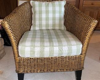 Wicker occasional chair
Custom upholstery
Includes extra fabric