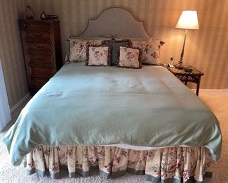 Queen size upholstered headboard and mattress 
Many linens available 