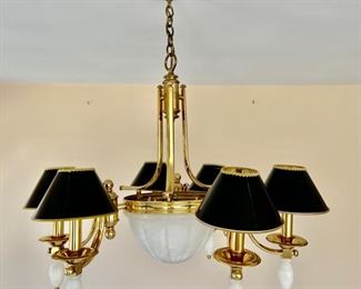 11. Brass 6 Light Chandelier w/ Black Shades (34" x 36")