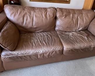 18. Camel Leather 2 Cushion Sofa (85" x 35" x 33") (as is)