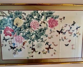 25. Asian Artwork of Butterflies in Gold Bamboo Style Frame (49" x 31") (as is)