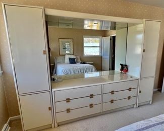 44. Mid Century Modern Lighted Bedroom Cabinet w/ Gold Asian Accents (4pc)
