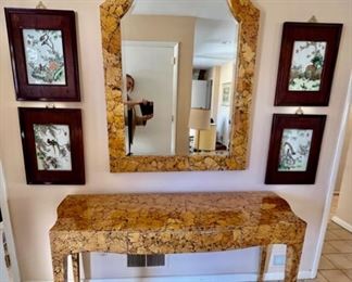 85. Console Table/ Desk from D & D Building (56" x 18" x 30")                                                                                                                 86. Beveled Mirror w/ Decoratice Arched Frame ( 36" x 54")