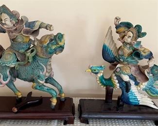 99. Large Antique Chinese Polychrome Roof Tile Warrior Riding a Bird                                                                           100. Large Antique Chinese Polychrome Roof Tile Warrior Riding a Dragon