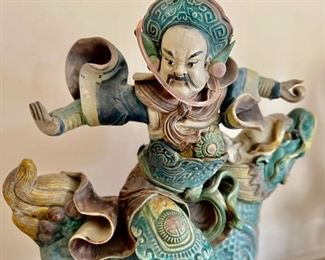 99. Large Antique Chinese Polychrome Roof Tile Warrior Riding a Bird                                                                           100. Large Antique Chinese Polychrome Roof Tile Warrior Riding a Dragon