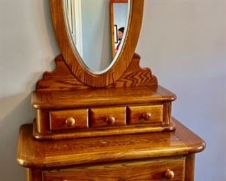 22. Vintage Oak Vanity Dresser w/ Mirror (36" x 20" x 80")