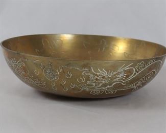 085 Large Brass Bowl With 2 Dragons China