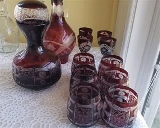 Ruby Red etched decanters and glasses